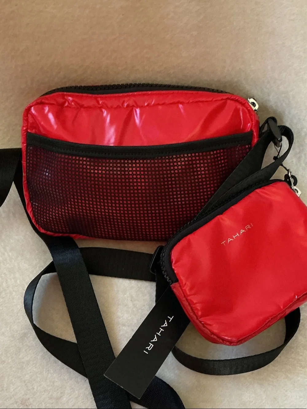 Tahari Shiny Red Crossbody Belt Bag with Black Strap and Coin Pouch